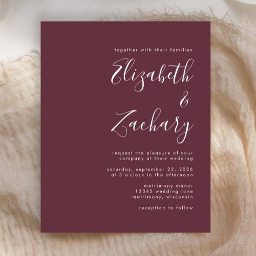 Budget Modern Script Burgundy Wedding Invitation