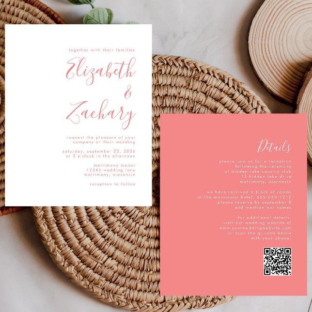 Budget Modern Script Coral QR Code Wedding Invite (Creator Uploaded)