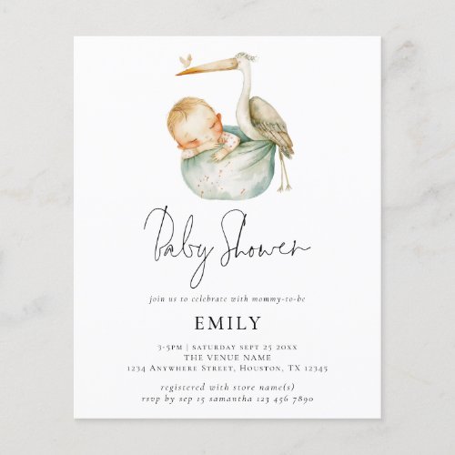 Budget Modern Script Cute Stork and Baby Shower