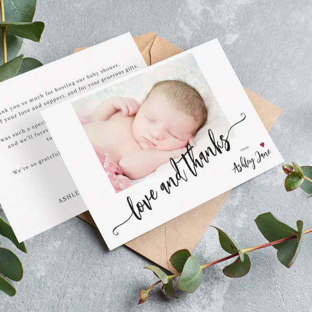 Budget modern script photo baby shower thank you note card | Zazzle