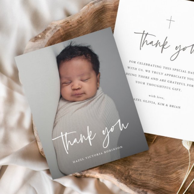 Budget Modern Script Photo Baptism Thank You  (Simple modern script baby photo baptism thank you card.)