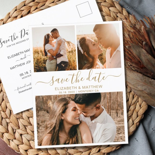 Budget Modern Script Photo Collage Save The Date Announcement Postcard (Creator Uploaded)