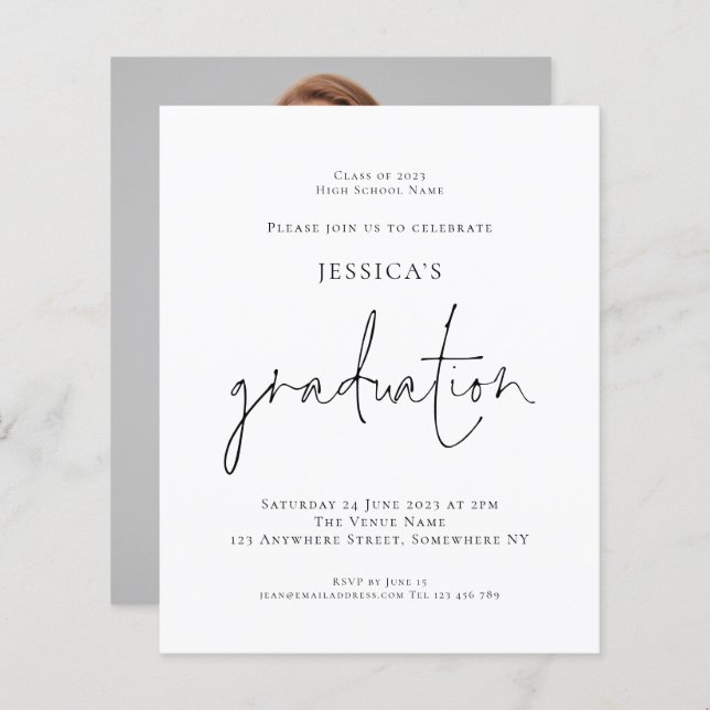 Budget Modern Script Photo Grad 2024 Party Invite (Front/Back)