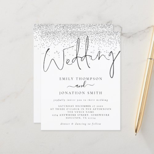 Budget Modern Script Silver Glitter Wedding Invite