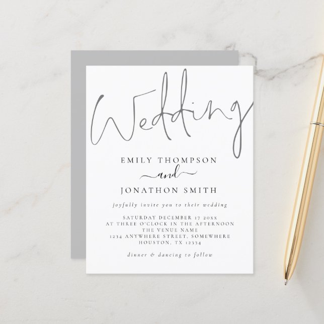 Budget Modern Script White Gray Wedding Invitation (Front/Back In Situ)