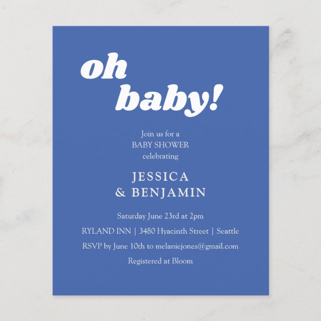 Budget Modern Simple Blue Oh Baby Shower Invite (Front)