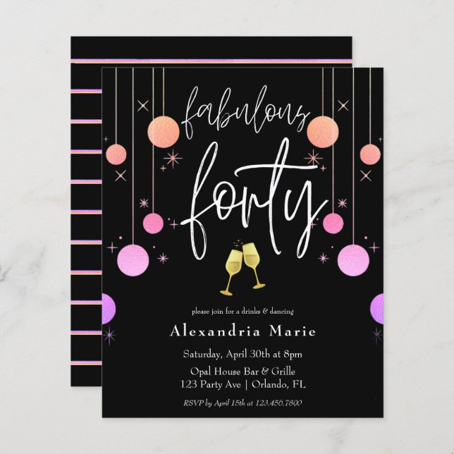 Budget Modern Sparkle "Fabulous Forty" Birthday (Front/Back)