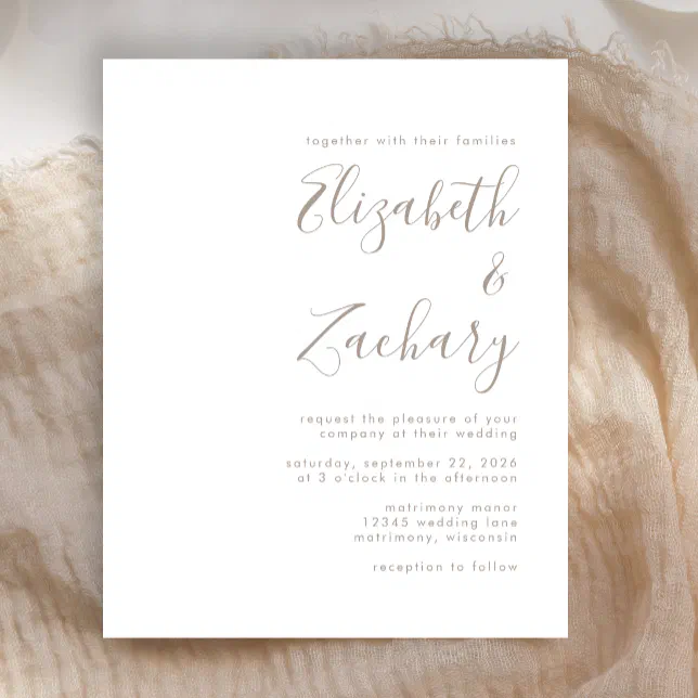 Budget Modern Taupe Script Wedding Invitation | Zazzle