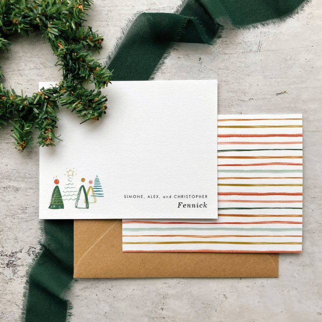 Budget Modern Watercolor Christmas Tree Holiday Note Card (Watercolor Christmas trees and striped backer personalized holiday note cards.)
