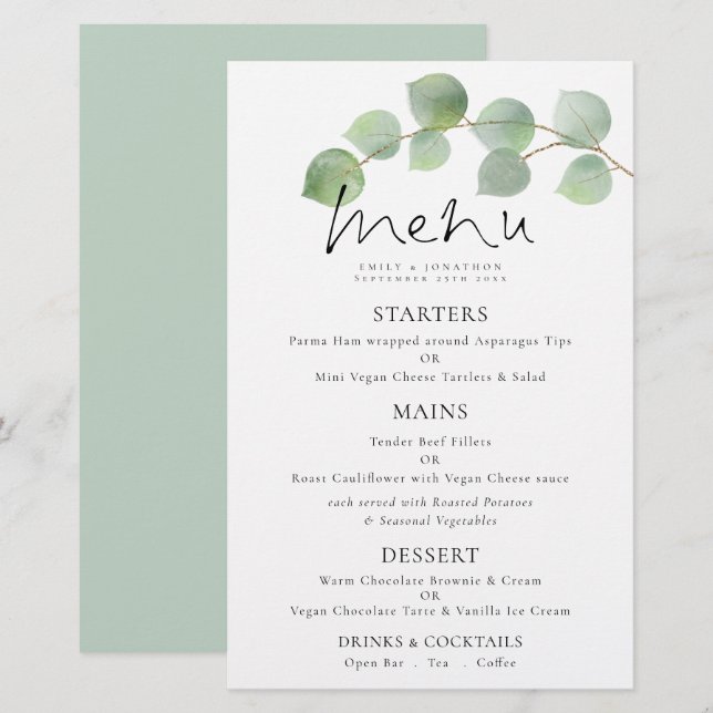 Budget Modern Watercolor Eucalyptus Wedding Menu (Front/Back)