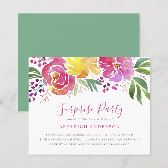 Budget Modern Watercolor Floral Surprise Party (Front/Back)