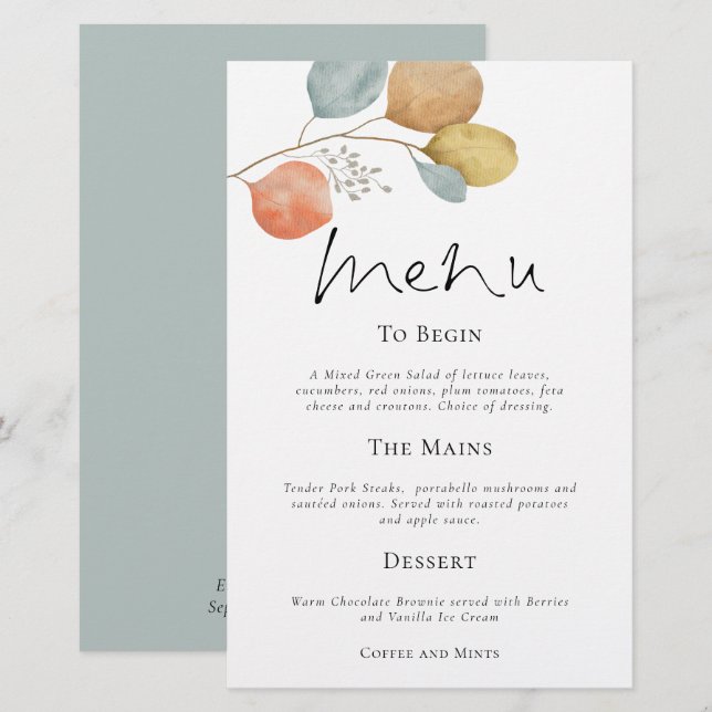 Budget Modern Watercolor Leaves Wedding Menu (Front/Back)