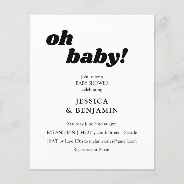 Budget Modern White Paper Cute Baby Shower Invite (Front)