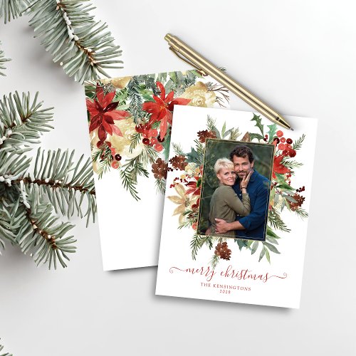 Budget Modern Winter Floral Gold Christmas Photo