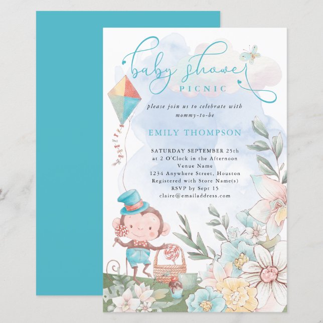 Budget Monkey Boy Teal Baby Shower Picnic Invite (Front/Back)