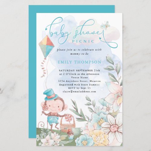 Budget Monkey Boy Teal Baby Shower Picnic Invite