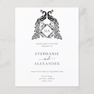 Budget Monogram Black Peacock QR Wedding Invite