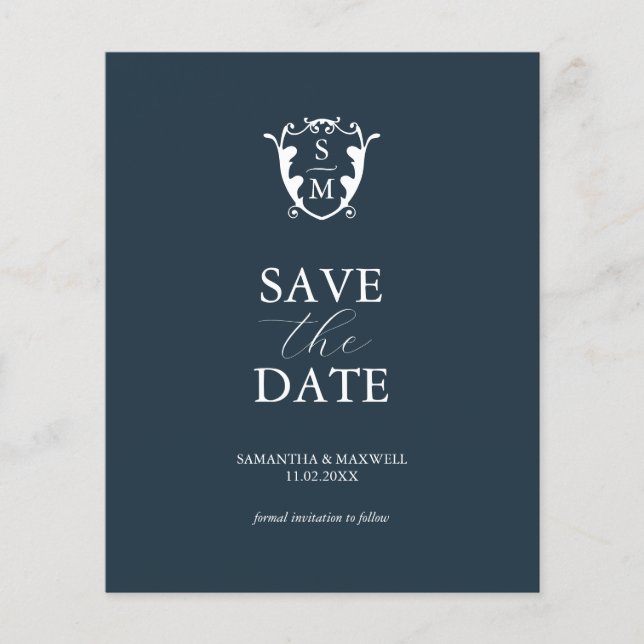 Budget Monogram Blue Save The Date Flyer (Front)