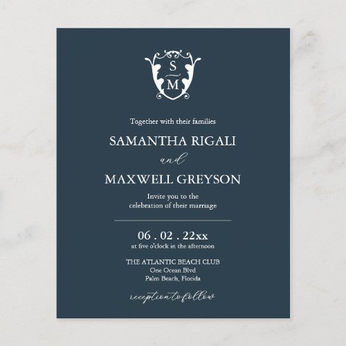 Budget Monogram Blue Wedding Invitation Flyer