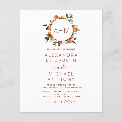 Budget Monogram Burnt Orange Citrus Fruit Wedding Flyer