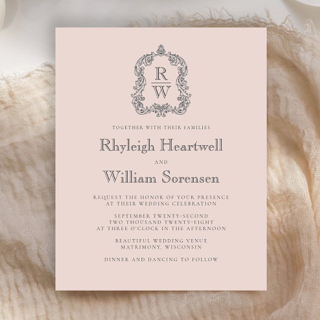 Budget Monogram Crest Blush Pink Wedding Invite (Creator Uploaded)