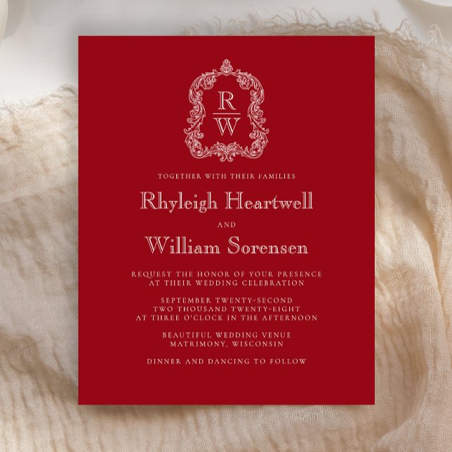 Budget Monogram Crest Cranberry Red Wedding Invite (Creator Uploaded)