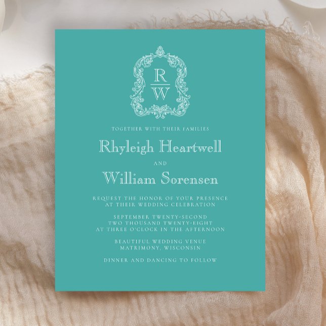 Budget Monogram Crest Turquoise Wedding Invitation (Creator Uploaded)
