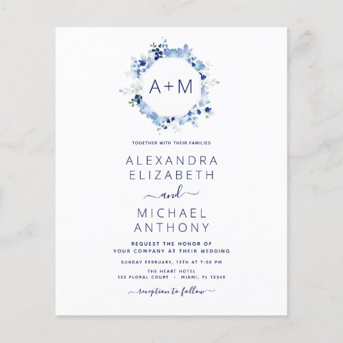 Budget Monogram Dusty Blue Floral Wedding Flyer