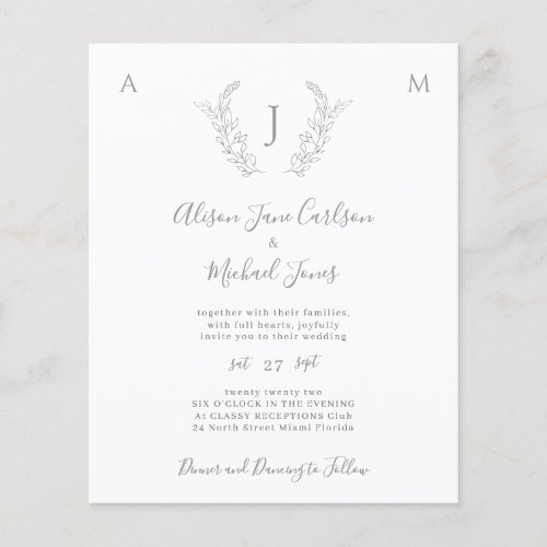 Budget monogram elegant leaves wedding invitation flyer