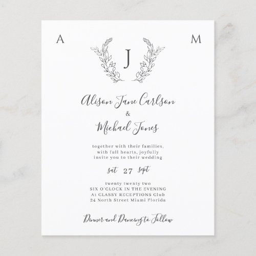 Budget monogram elegant leaves wedding invitation  flyer