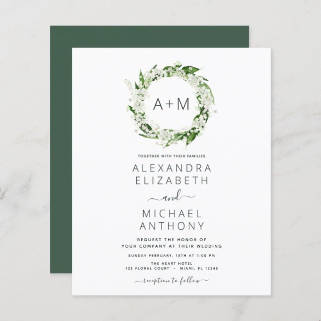 Budget Monogram Emerald Green Greenery Wedding (Front/Back)