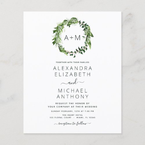 Budget Monogram Emerald Green Greenery Wedding Flyer