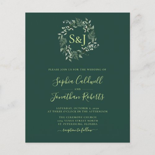 Budget Monogram Emerald Green Wedding Invitation