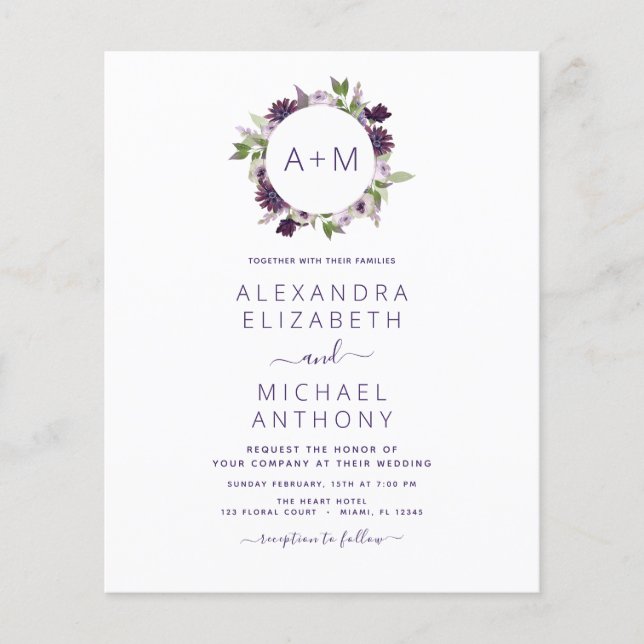 Budget Monogram Floral Dusty Purple Wedding Flyer (Front)