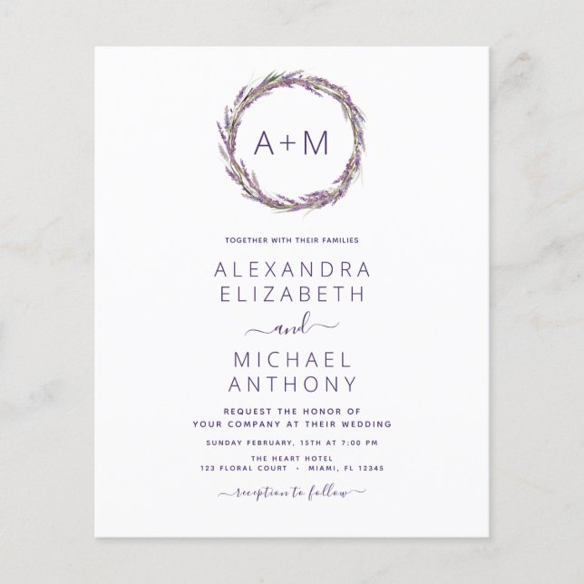 Budget Monogram Floral Dusty Purple Wedding Flyer (Front)