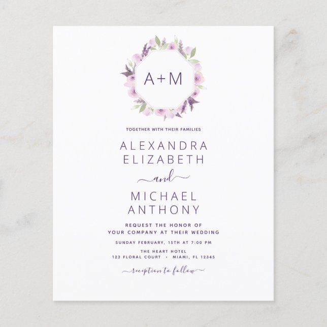 Budget Monogram Floral Dusty Purple Wedding Flyer (Front)