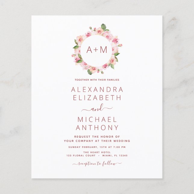 Budget Monogram Floral Dusty Rose Pink Wedding Flyer (Front)