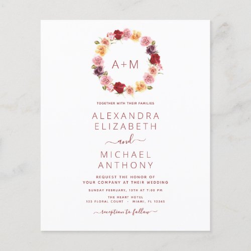 Budget Monogram Floral Dusty Rose Pink Wedding Flyer