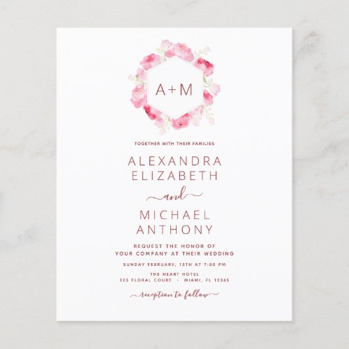 Budget Monogram Floral Dusty Rose Pink Wedding Flyer