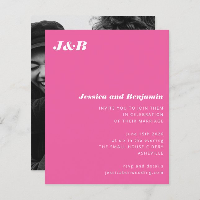 Budget Monogram Hot Pink Photo Wedding Invitation (Front/Back)