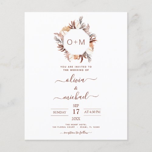 Budget Monogram Terracotta Pampas Grass Wedding Flyer