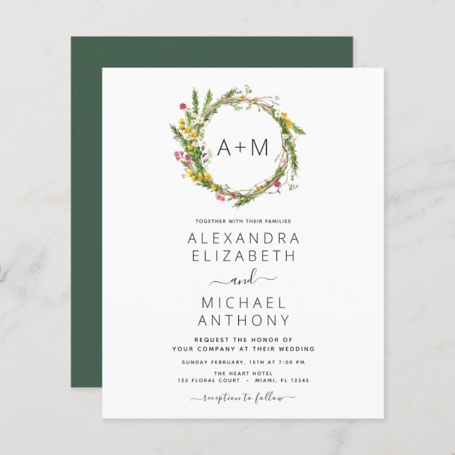Budget Monogram Wildflowers Emerald Green Wedding (Front/Back)