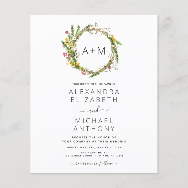 Budget Monogram Wildflowers Emerald Green Wedding Flyer (Front)