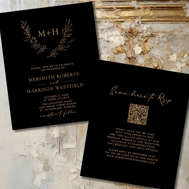 Budget Monogram Wreath Black Wedding Invite (Budget Elegant Monogram Wreath QR Code Gold on Black Wedding Invitation)