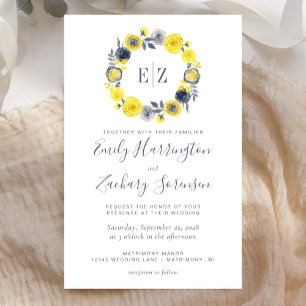 Budget Monogram Yellow Gray Floral Wedding Invite