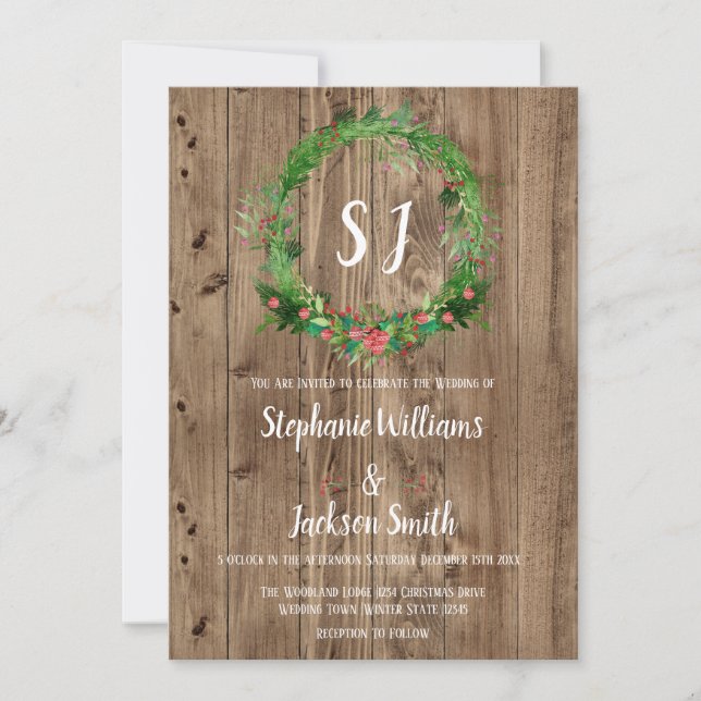 Budget Monogramed Rustic Barn Wood Winter Wedding Invitation (Front)