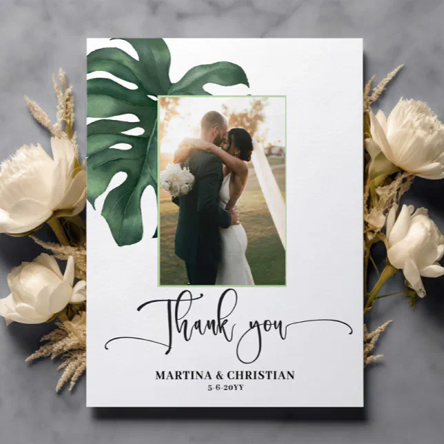 Budget Monstera Leaf Wedding Thank you Flat Card | Zazzle