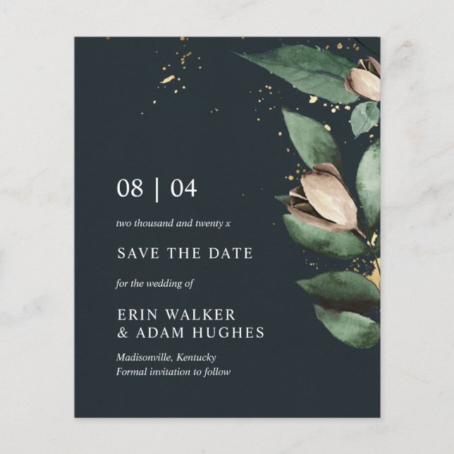 Budget Moody Blue Gold Botanical Save the Date (Front)