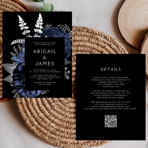 Budget Moody Floral Navy Silver QR Code Wedding