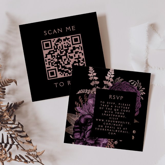 Budget Moody Floral Purple Rose Gold QR Code RSVP Enclosure Card (Creator Uploaded)